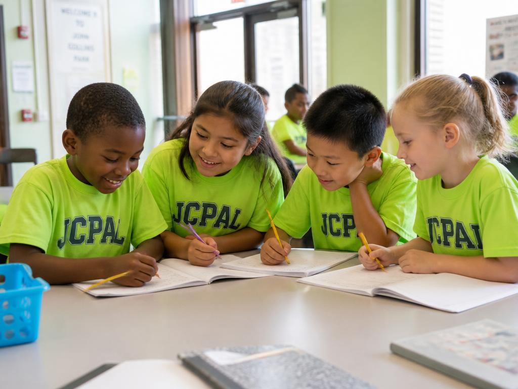 JCPAL students in green JCPAL shirts doing homework together at the afterschool program